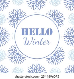 Hello winter. 1st December as a symbol of winter beginning. Hand drawn vector illustration in flat style. Blue snowflakes background. Vector web banner, greeting card, snowfall design, round frame