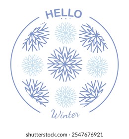 Hello winter. 1st December as a symbol of winter beginning. Hand drawn vector illustration in flat style. Blue snowflakes background. Vector web banner, greeting card, snowfall design, round frame