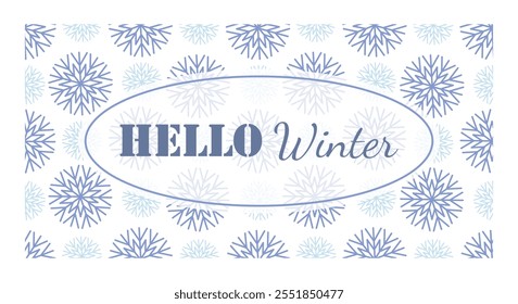 Hello winter. 1st December as a symbol of winter beginning. Hand drawn vector illustration in flat style. Blue snowflakes background. Vector web banner, greeting card, snowfall design, square frame