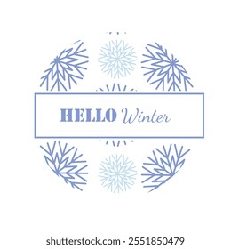 Hello winter. 1st December as a symbol of winter beginning. Hand drawn vector illustration in flat style. Blue snowflakes background. Vector web banner, greeting card, snowfall design, round frame