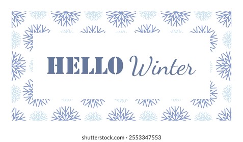 Hello winter. 1st December as a symbol of winter beginning. Hand drawn vector illustration in flat style. Blue snowflakes background. Vector web banner, greeting card, snowfall design, square frame