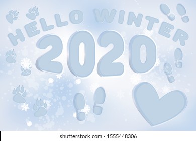 Hello Winter 2020 On White Snow. Human And Dog Footprints, Heart On Surface White Winter Snow. Overhead View. Texture Of Snow Surface. Vector Illustration Background.