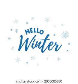 Hello Winter 2022. Lettering with snowflakes. Winter vector illustration.