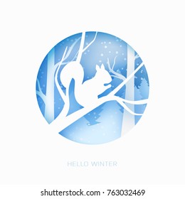 Hello winter 3d abstract pastel paper cut illustration of snow and squirrel in the forest. Vector colorful template greeting card in carving art style. Eps10.