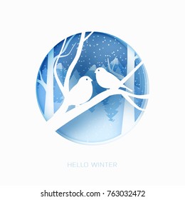 Hello winter 3d abstract pastel paper cut illustration of snow and two birds in the forest. Vector colorful template greeting card in carving art style. Eps10.