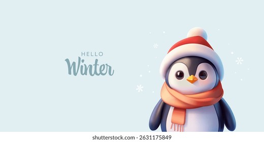 Hello winter. 3D cute penguin greeting the coming winter and holidays. Modern banner. Vector illustration.