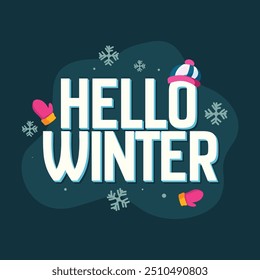 Hello winter 3d text effect with winter clothing elemts. Hello Winter template design modern lettering greeting card to celebrate winter season. Vector illustration.