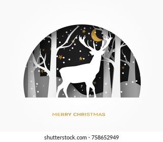 Hola papel abstracto de invierno ilustración corta de ciervo en el bosque. nieve, luna y estrellas por la noche. Tarjeta de saludo de plantilla de color vectorial en estilo de arte tallado.
