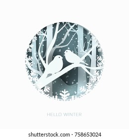 Hello winter abstract paper cut illustration of snow and two birds in the forest. Vector colorful template greeting card in carving art style.