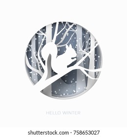 Hello winter abstract paper cut illustration of snow and squirrel in the forest. Vector colorful template greeting card in carving art style. 