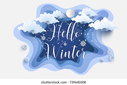 hello winter with art paper and craft design.
