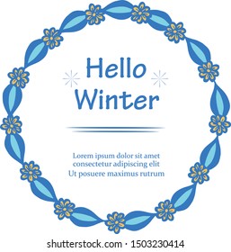 Hello winter background with blue leaf floral frame. Vector