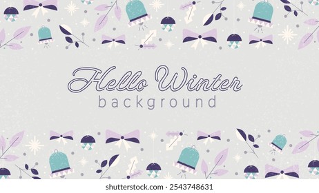 Hello Winter Background. Christmas and New Year holiday background with decorative decorations, ornaments, bells, and leaves in soft pastel tones.