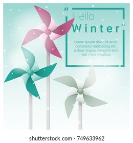 Hello winter background with colorful pinwheels , vector , illustration