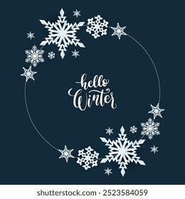 Hola diseño de fondo de invierno con nevada. Iconos de nieve. Iconos de vectores de copos de nieve. Iconos de invierno. Símbolo de nieve o copo de nieve. Nieve. Copos de nieve