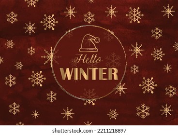 Hello, Winter background with golden snowflakes. 