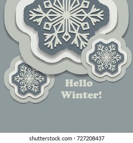 Hello winter background with paper snowflakes with shadow. Vector illustration.