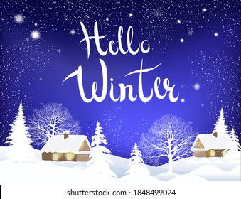Hello winter background with  snowflakes landscape. Star night view. Typography vector design for greeting cards. 