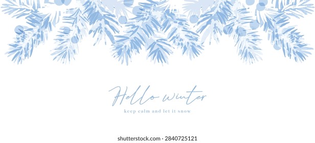 Hello winter background vector with blue watercolor leaves, frosty botanical border and delicate snow accents for seasonal card and banner