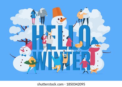 Hello winter background, vector illustration. Snow season sign banner, man woman character in huge snowman and card text. Cartoon celebration design scene, outdoor white xmas in city.