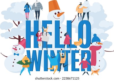 Hello winter background, vector illustration. Snow season sign banner, man woman character in huge snowman and card text.