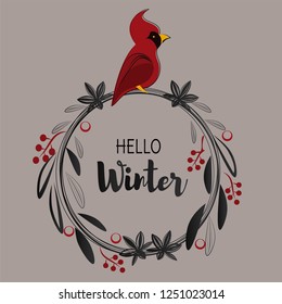 Hello Winter background vector. Red cardinal on leaves wreast illustration. Hand drawn style.