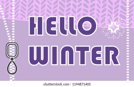 Hello winter background in violet, pink and white colors. Vector.