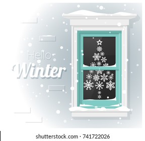 Hello winter background with window painting , vector , illustration