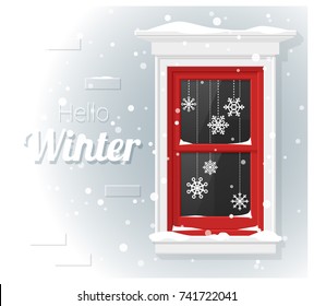 Hello winter background with window painting , vector , illustration