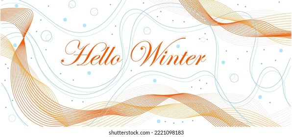 Hello Winter banner with abstract waves, snow and lines on white background. Trending colors. Design greetings for wallpaper, postcard, poster, flyer, new year, Christmas.