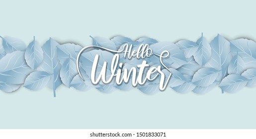 Hello Winter  banner background with paper art and craft style. Calligraphy.Vector illustration template.greeting cards.