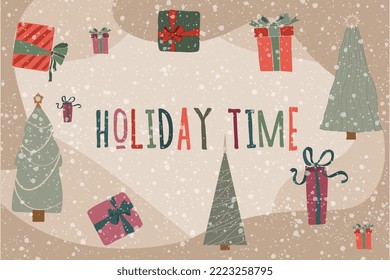 Hello winter banner. Brush calligraphy at blue winter background with snowflakes and bokeh lights. Vector card design with typography.