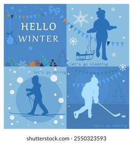 Olá inverno. Banner de inverno com silhuetas para crianças. Ilustração vetorial.