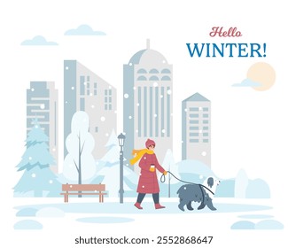 Hello Winter banner with city park and girl walking with dog. Buildings, snowy trees and bench with snow. Winter cold season in big city. Cityscape vector flat background illustration.