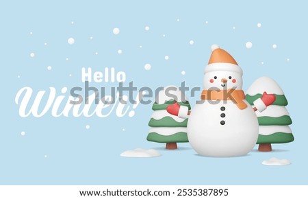 Hello winter banner with cute 3d snowman in hat, snowy trees on blue background. Vector greeting illustration with cartoon elements render. Smiling character in scar, hat and mittens.