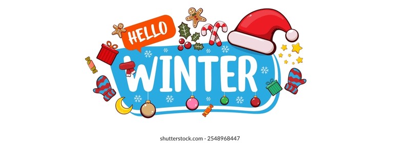 Hello winter banner design template with santa hat, christmas tree, candy, hat, mittens, berries, stars, gifts, balls, moon , gingerbread man, cookies. Hello winter blue sticker isolated on white