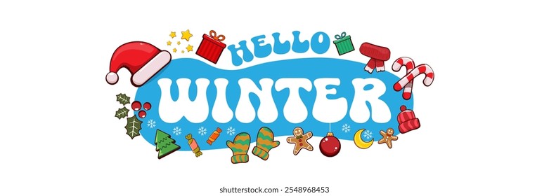 Hello winter banner design template with santa hat, christmas tree, candy, hat, mittens, berries, stars, gifts, balls, moon , gingerbread man, cookies. Hello winter blue sticker isolated on white
