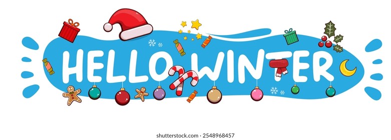 Hello winter banner design template with santa hat, christmas tree, candy, hat, mittens, berries, stars, gifts, balls, moon , gingerbread man, cookies. Hello winter blue sticker isolated on white