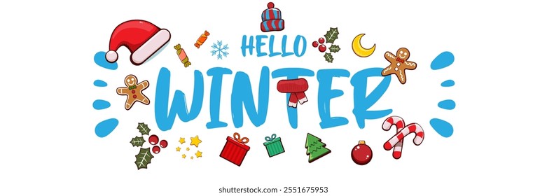 Hello winter banner design template with santa hat, christmas tree, candy, hat, mittens, berries, stars, gifts, balls, moon , gingerbread man, cookies. Hello winter blue sticker isolated on white