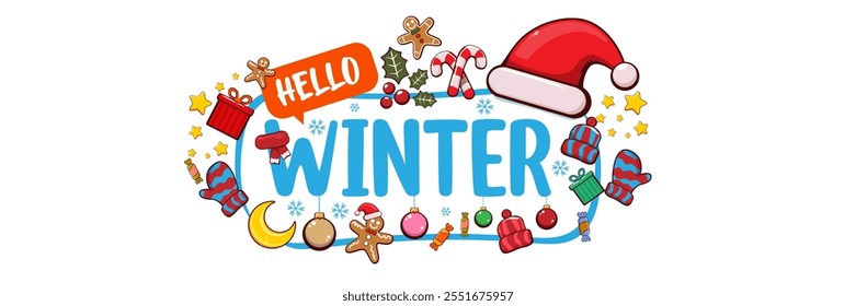 Hello winter banner design template with santa hat, christmas tree, candy, hat, mittens, berries, stars, gifts, balls, moon , gingerbread man, cookies. Hello winter blue sticker isolated on white