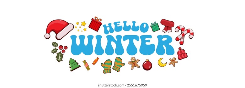 Hello winter banner design template with santa hat, christmas tree, candy, hat, mittens, berries, stars, gifts, balls, moon , gingerbread man, cookies. Hello winter blue sticker isolated on white