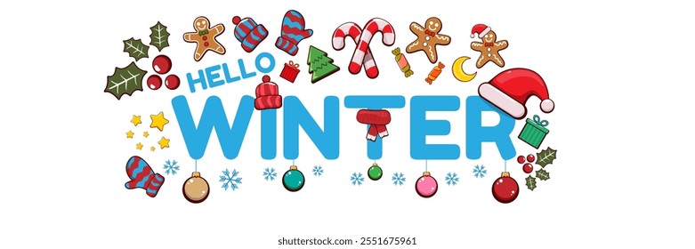 Hello winter banner design template with santa hat, christmas tree, candy, hat, mittens, berries, stars, gifts, balls, moon , gingerbread man, cookies. Hello winter blue sticker isolated on white