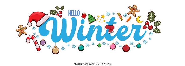 Hello winter banner design template with santa hat, christmas tree, candy, hat, mittens, berries, stars, gifts, balls, moon , gingerbread man, cookies. Hello winter blue sticker isolated on white