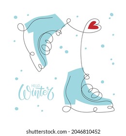 Hello Winter banner. Ice skates with heart and inscription. One continuous line drawing skates, Hand Drawn Vector sketch icon isolated on snowy background. Winter sports and active lifestyles.