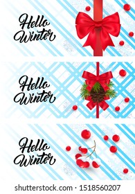 Hello winter banner set with bows, berries and cones. Calligraphy with decorative design can be used for invitations, post cards, announcements
