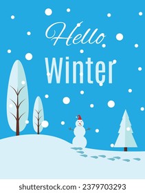 Hello Winter Banner with Snowman in the Forest. Landscapes and seasons vector art
