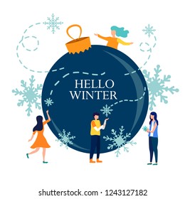 Hello winter banner. Vector illustration small people are preparing for the new year, are engaged in decoration, corporate in the office at work.