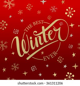 Hello winter be cool hand written text. Brush lettering on textured background with snowflakes. Vector card design with calligraphy. Cold season typography. Season greeting card, banner template. 