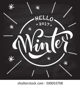 Hello winter be cool hand written text. Brush lettering on textured background with snowflakes. Vector card design with calligraphy. Cold season typography. Season greeting card, banner template. 