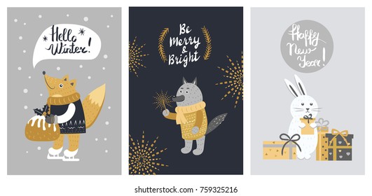 Hello winter, be merry and bright colourful banner with animals on grey and black backgrounds. Vector illustration of fox on skates with xmas cake, wolf with sparkler, rabbit with present boxes